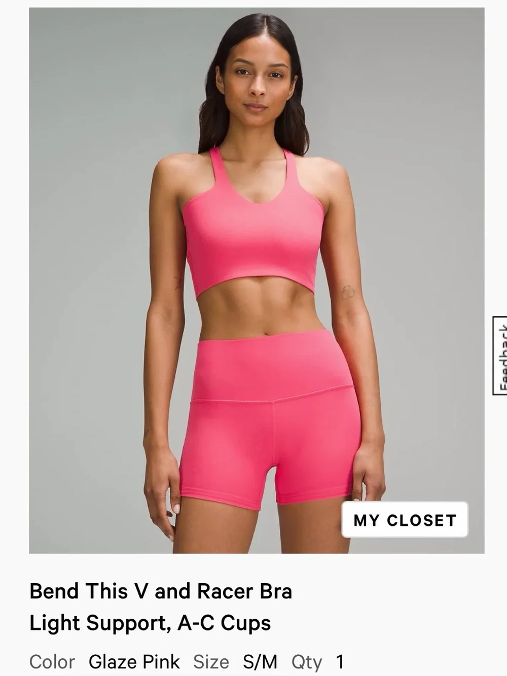 Lululemon athletica Bend This V and Racer Bra Light Support in glaze pink